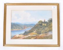 19TH CENTURY WATERCOLOUR OF A RIVER SCENE WITH COURTING COUPLE