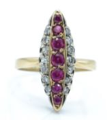 A 14ct gold diamond and ruby navette ring.