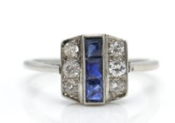 A platinum sapphire and diamond panel ring.Estimat