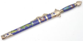 A vintage early 20th century Cloisonne Chinese paper knife letter opener having a blue ground with