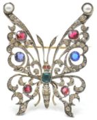 A believed 19th century silver, half pearl and paste set butterfly brooch. The butterfly set with
