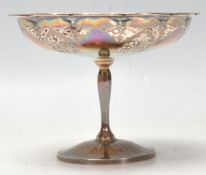 A silver hallmarked footed bowl having a scalloped rim with pierced decoration raised on a column