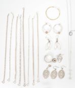 A collection of silver chains and bracelets to include  flat link, bar link CZ set, omega linked