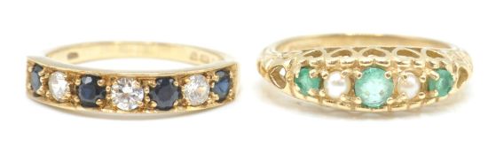 2 9ct gold hallmarked rings. To include a 9ct Birmingham hallmarked emerald and half pearl ring