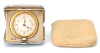 A silver hallmarked and enamel guilloche ladies purse clock - travel clock. Hallmarked for 1929,