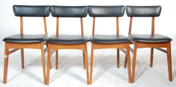 A good set of four retro mid 20th Century teak framed dining chairs raised on splayed legs united by