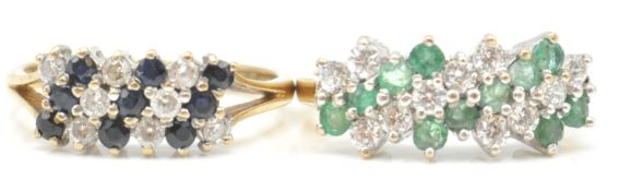 2 9ct gold hallmarked cluster rings. To include a sapphire and diamond cluster ring hallmarked for