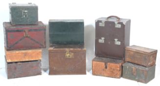 A mixed group of ten vintage storage boxes with multiple wooden examples and metal boxes, one