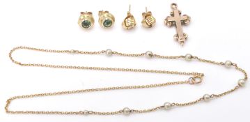 A 19th century Victorian 9ct gold necklace with faux pearl beads together with a pair of 14ct rolled