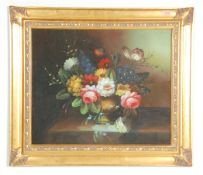 A vintage 20th century oil on canvas still life painting depicting a display of flowers within a
