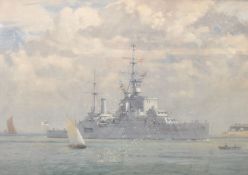 After Norman Wilkinson. An early 20th century framed print of a British naval battleship at sea.