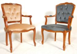 A matched pair of 20th century French fauteuil armchairs in beechwood with show wood frames being