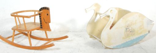 Two vintage retro childrens rocking horses, both being wooden framed, one in the form of a wooden