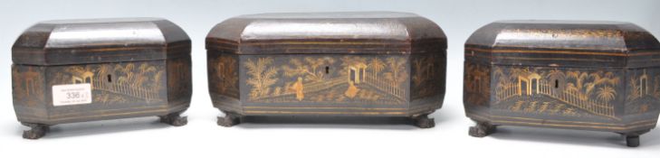 A collection of 3 antique early 20th Century Chinese black lacquer boxes of octagonal form with gilt