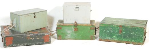 A good mixed group of five storage boxes to include a grey metal example, two green painted wooden