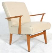 A good retro 20th Century teak framed armchair / chair having a white leather covered backrest and