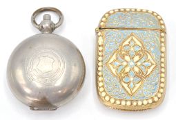 A gilded white metal and enamel 20th century match vesta. The champleve turquoise and enamel