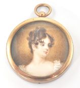 A framed 19th century hand painted portrait miniature of a fine young maiden being set in yellow