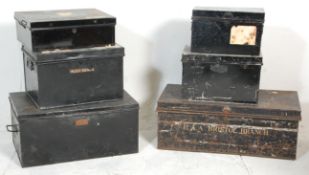 A good group of six metal deed storage boxes with being painted black with metal carrying handles