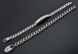 A silver diamond belcher linked bracelet chain with name bar and lobster clasp together with another