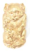 A gold plated vesta case in the form a cat pouncing on a rat with a hinged lid. Measures 8cm in