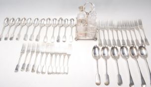A set of vintage Barker Brothers silver plated cutlery set together with a silver plate and glass