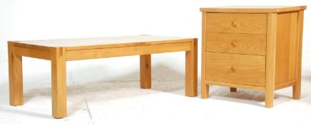 A modern contemporary hardwood DFS side table chest together with a matching long john coffee table.