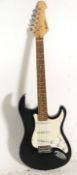 A Fender Stratocaster style Rockburn six string electric guitar having three control knobs with a