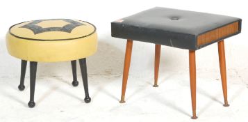 Two vintage retro mid 20th Century stools, one of round form having a yellow and black leather top