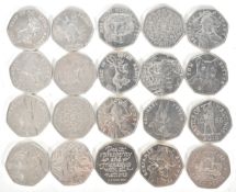 A collection of 20 special edition Peter Rabbit 50 pence pieces to commemorate 150 years since