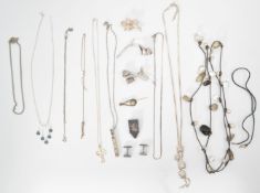 A mixed group of silver jewellery to include multiple necklace chains, pair of mother of pearl