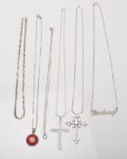 A group of six silver necklace chains to include fine link, flat link examples, crossover chain etc.