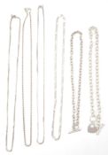 A group of six silver necklace chains to include a flatlink example having a lobster claw clasp
