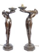 ART DECO REVIVAL BRONZED FIGURAL FEMALE NUDE FORM LAMPS