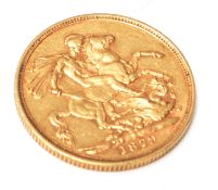 Gold Sovereign - a Victorian 1879 full gold sovereign. The coin with a Young Bust Queen Victoria