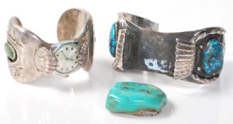 Two pieces of silver white metal Native American Navajo jewellery to include a bangle set with a