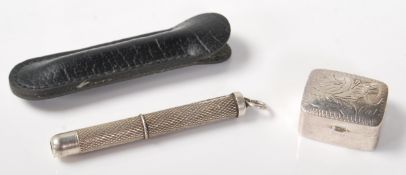 Silver hallmarked toothpick with twisting mechanism and diamond engraving cylindrical body being