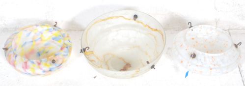 A collection of 3 vintage art deco 1930s frosted and coloured tutti frutti mottled glass dome shaped
