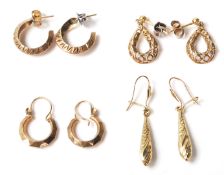 A group of four 9ct gold ladies drop earrings to include a pair of hallmarked hoop earrings (