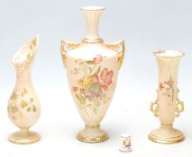 Group of Three Royal Worcester blush ivory vases, hand painted with flowers and gilded decoration,