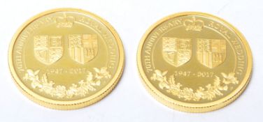 A pair of 1/4 oz 24ct gold coins from the Perth Mint commemorating the 70th Anniversary of the Royal