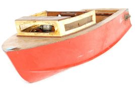 An original retro vintage scratch built wooden toy motorised speedboat OSS 221 
