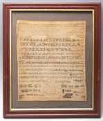 A 19th Century Victorian needlework / needlepoint embroidery sampler stitched with the alphabet,