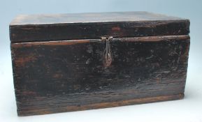 A 19th Century Victorian antique wooden strong box having a hinged lid with cast metal swing handles