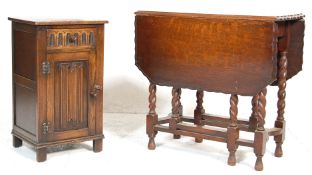 A Jaycee / Old Charm bedside chest having a raised back with Jacobean linenfold decoration over a