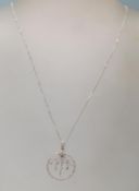 A 9ct white gold fine link necklace chain having marked 925 silver pendant of circular form being