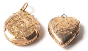 Two antique 9ct gold front and back lockets, each having brass interiors, one in the shape of a