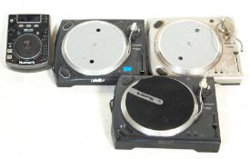 A collection of DJ audio equipment to include a Numark TT turntable, Numark TT1650 turntable, Numark