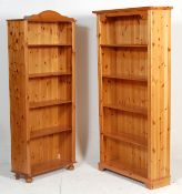2 contemporary antique revival country pine upright tall open window bookcase cabinets. One raised