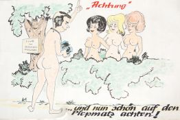 A large watercolour painted German nude picture “ Achtung “ ( caution ) poster depiction a nude